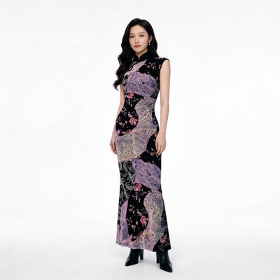 Oriental Floral Maxi Dress (Purple & Black)