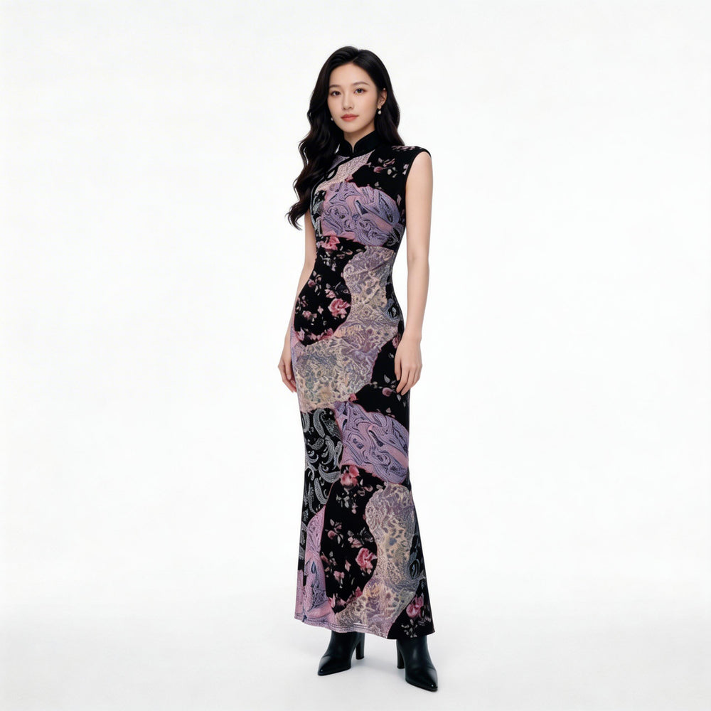 Oriental Floral Maxi Dress (Purple & Black)