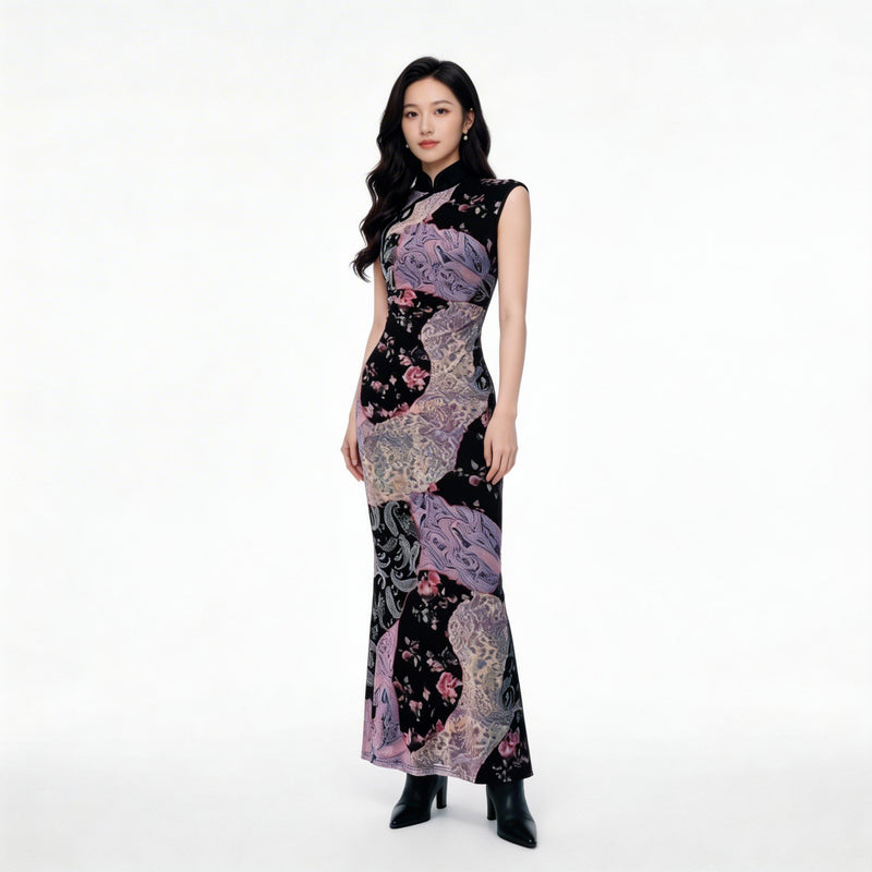 Oriental Floral Maxi Dress (Purple & Black)