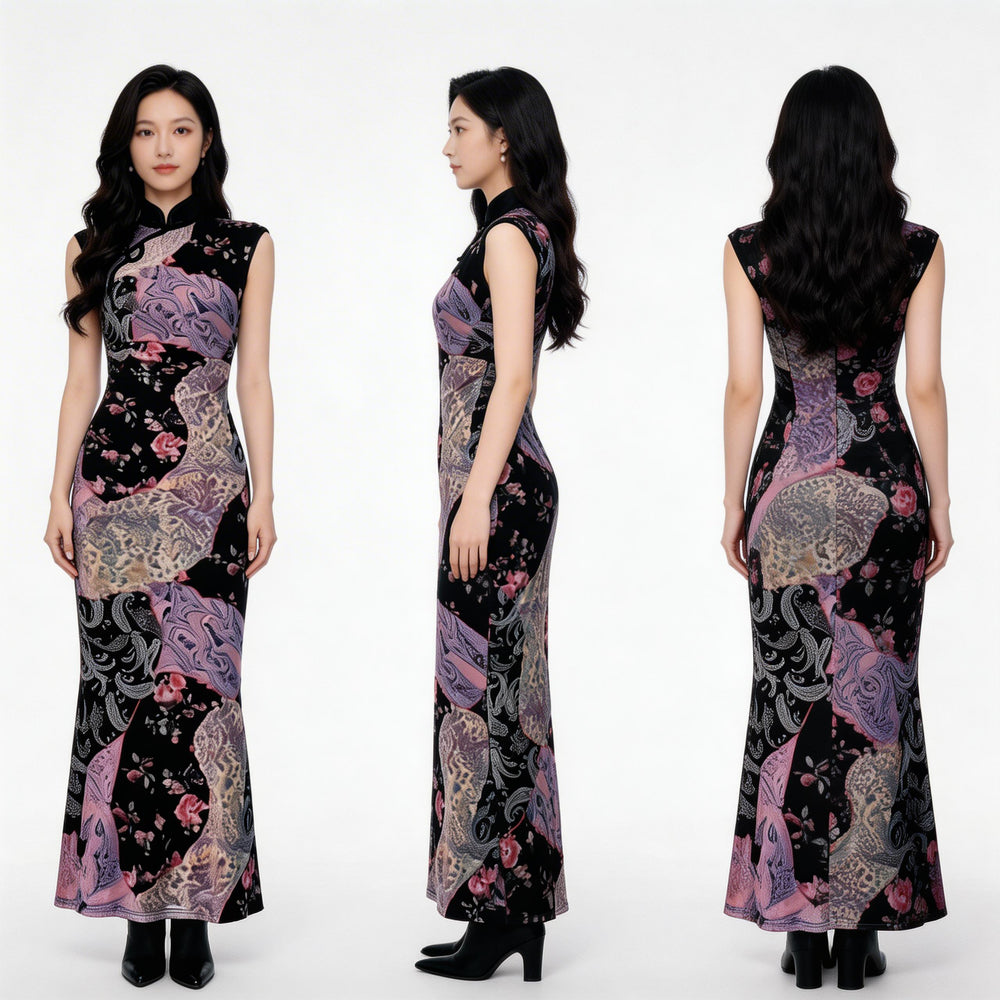 Oriental Floral Maxi Dress (Purple & Black)