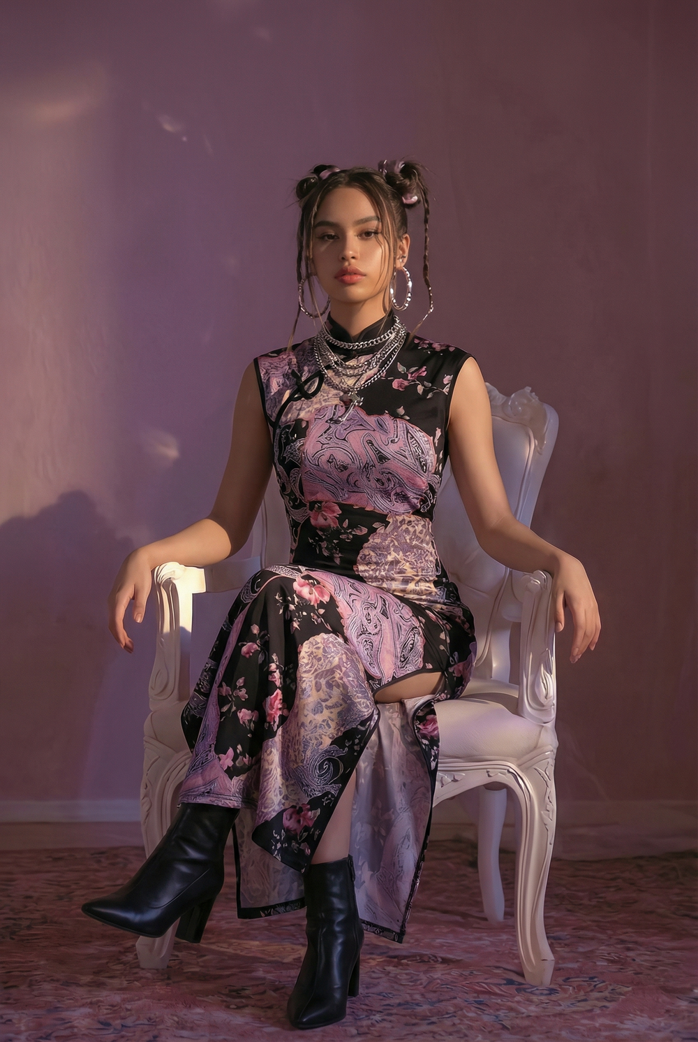 Oriental Floral Maxi Dress (Purple & Black)