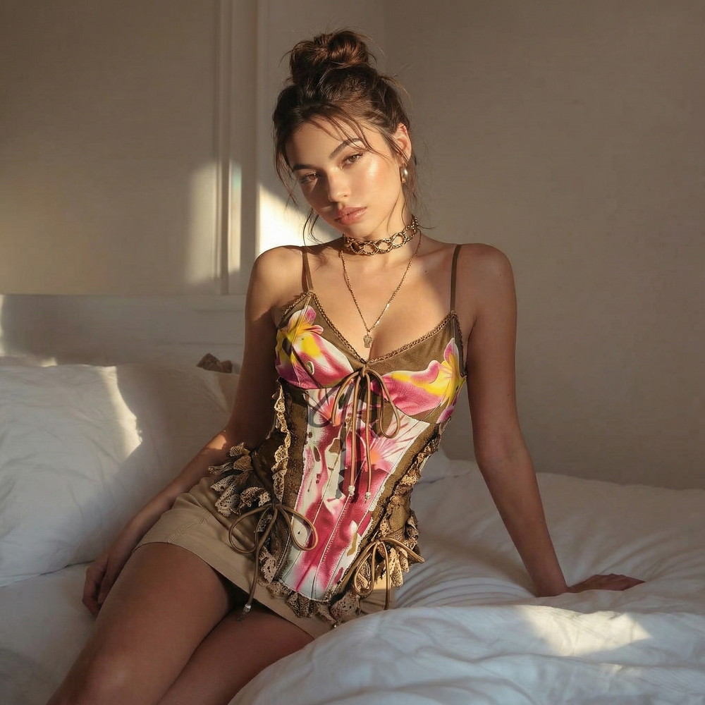 Floral Lace Corset Top (Brown & Pink)